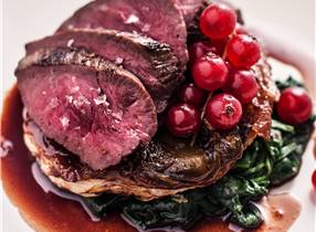 Roasted Venison with Glazed Chicory Tart and Red Currant Jus